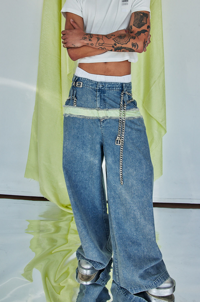 DAWANG | Za WideLeg Denim/Brocade Patch Pants