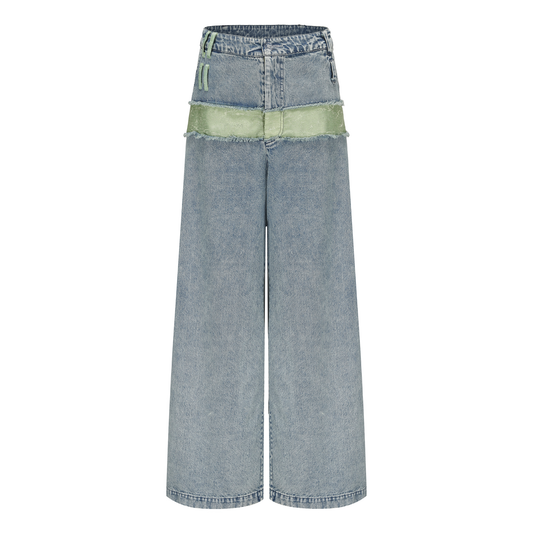 DAWANG | Za WideLeg Denim/Brocade Patch Pants