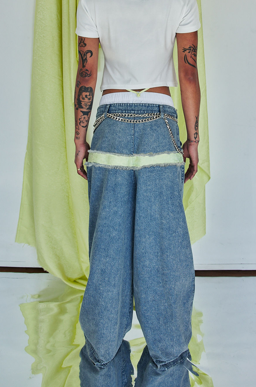 DAWANG | Za WideLeg Denim/Brocade Patch Pants